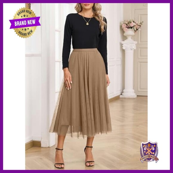 Tulle Skirt Elastic High Waist A-Line Layered Midi Date Night - Picture 6 of 8